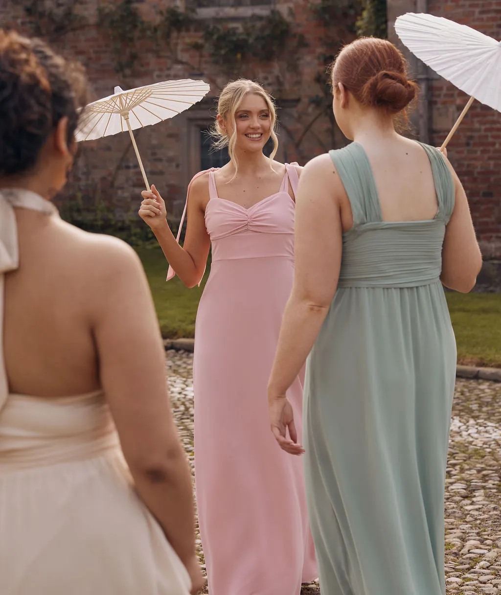 Bow Tie Shoulder Chiffon Bridesmaid Dress - Peony Pink