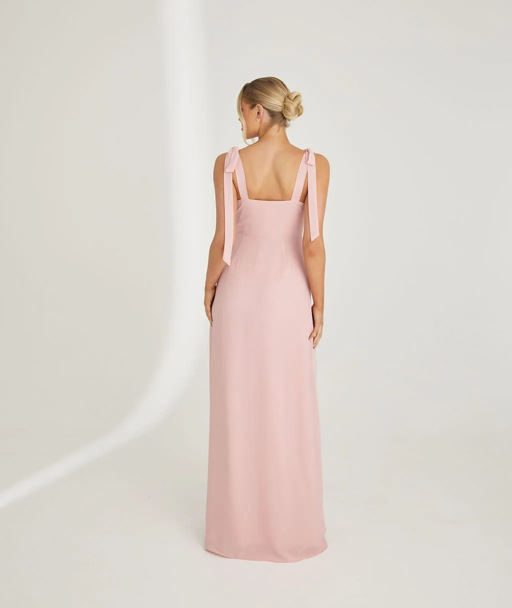 Bow Tie Shoulder Chiffon Bridesmaid Dress - Peony Pink