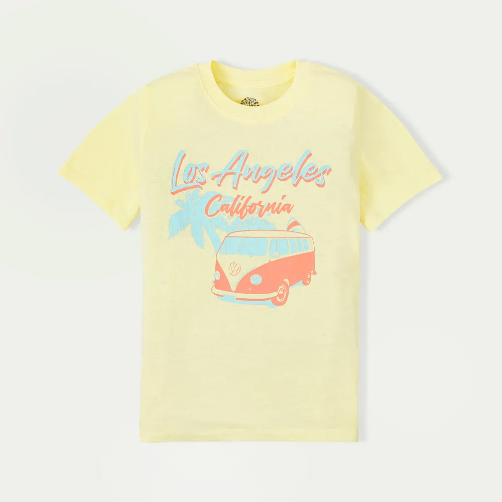 C1666 SCE Trip to Los Angeles California Yellow T-Shirt with Red & White Strips 5-Pocket Cotton Shorts