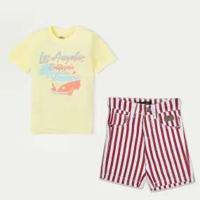 C1666 SCE Trip to Los Angeles California Yellow T-Shirt with Red & White Strips 5-Pocket Cotton Shorts