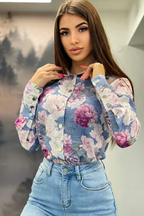 Camicia elegante bianca a fantasia floreale rosa con bottoni dorati