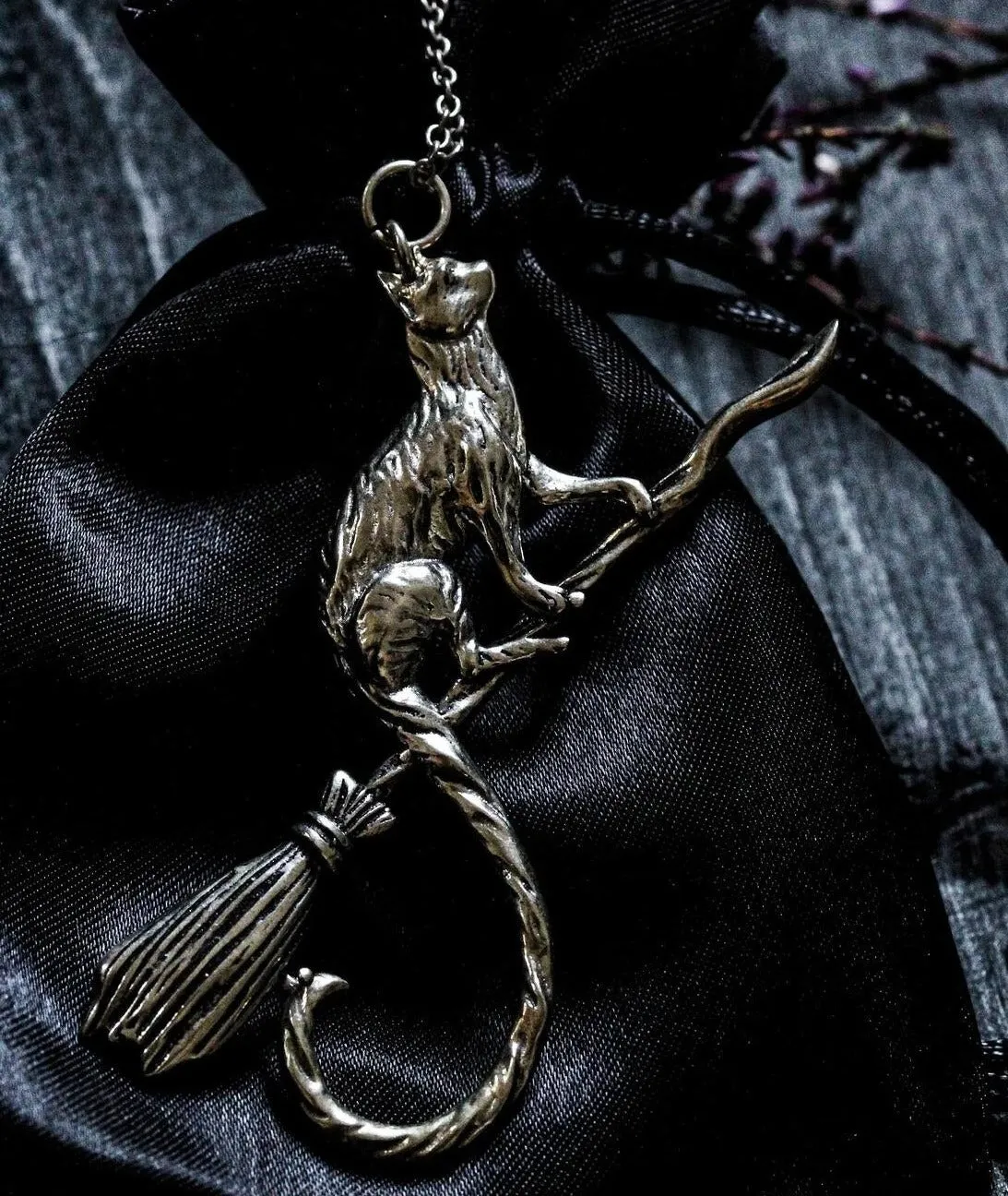 Cat On A Broomstick / Cat Jewelry / Goth Necklace / Witch Jewelry