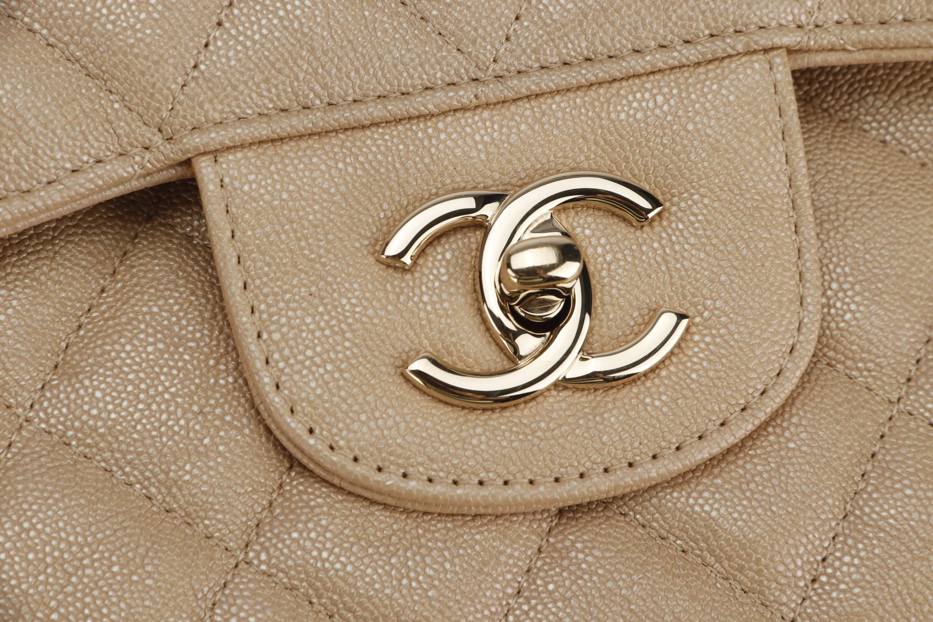 CHANEL CLASSIC FLAP JUMBO (2797xxxx) SHINY BEIGE CAVIAR LEATHER GOLD HARDWARE, WITH CARD, DUST COVER & BOX