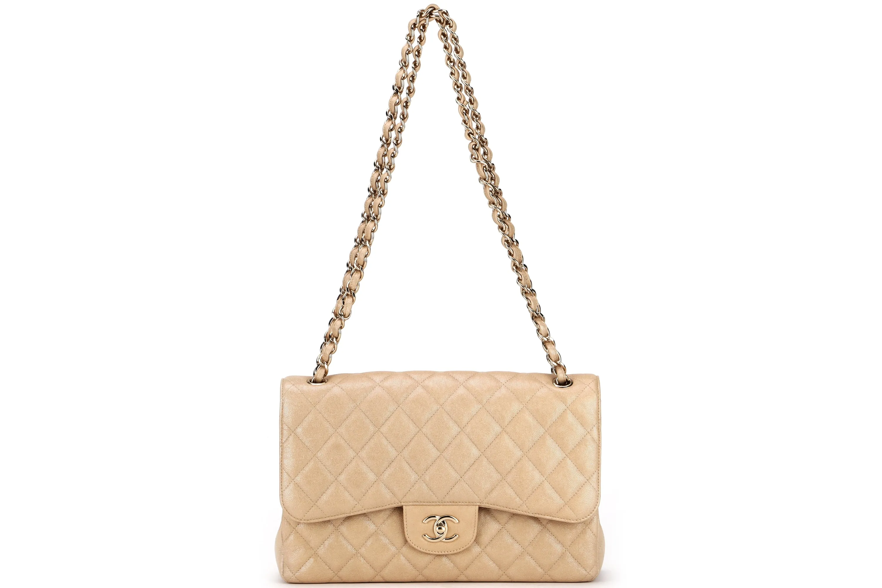 CHANEL CLASSIC FLAP JUMBO (2797xxxx) SHINY BEIGE CAVIAR LEATHER GOLD HARDWARE, WITH CARD, DUST COVER & BOX