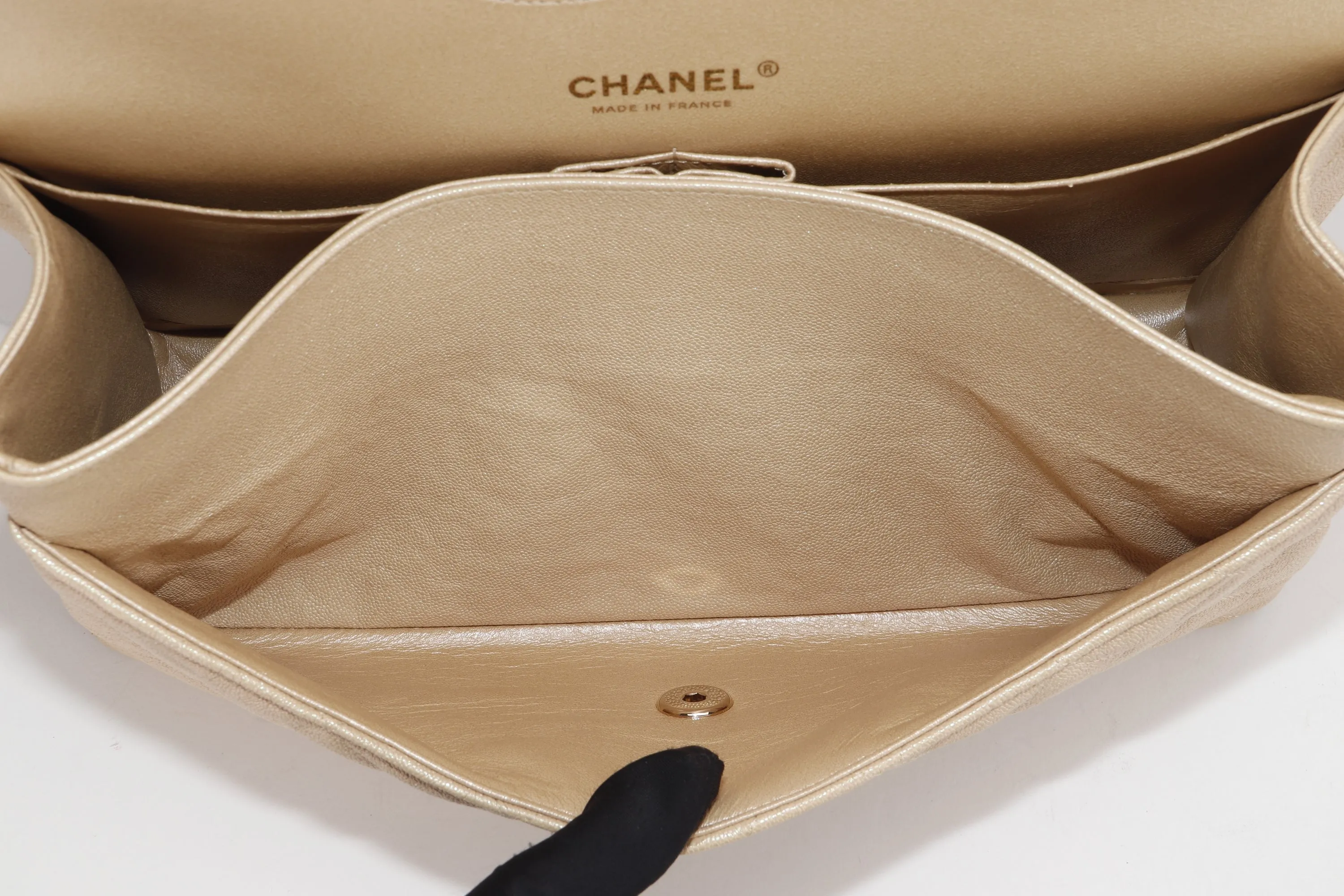 CHANEL CLASSIC FLAP JUMBO (2797xxxx) SHINY BEIGE CAVIAR LEATHER GOLD HARDWARE, WITH CARD, DUST COVER & BOX