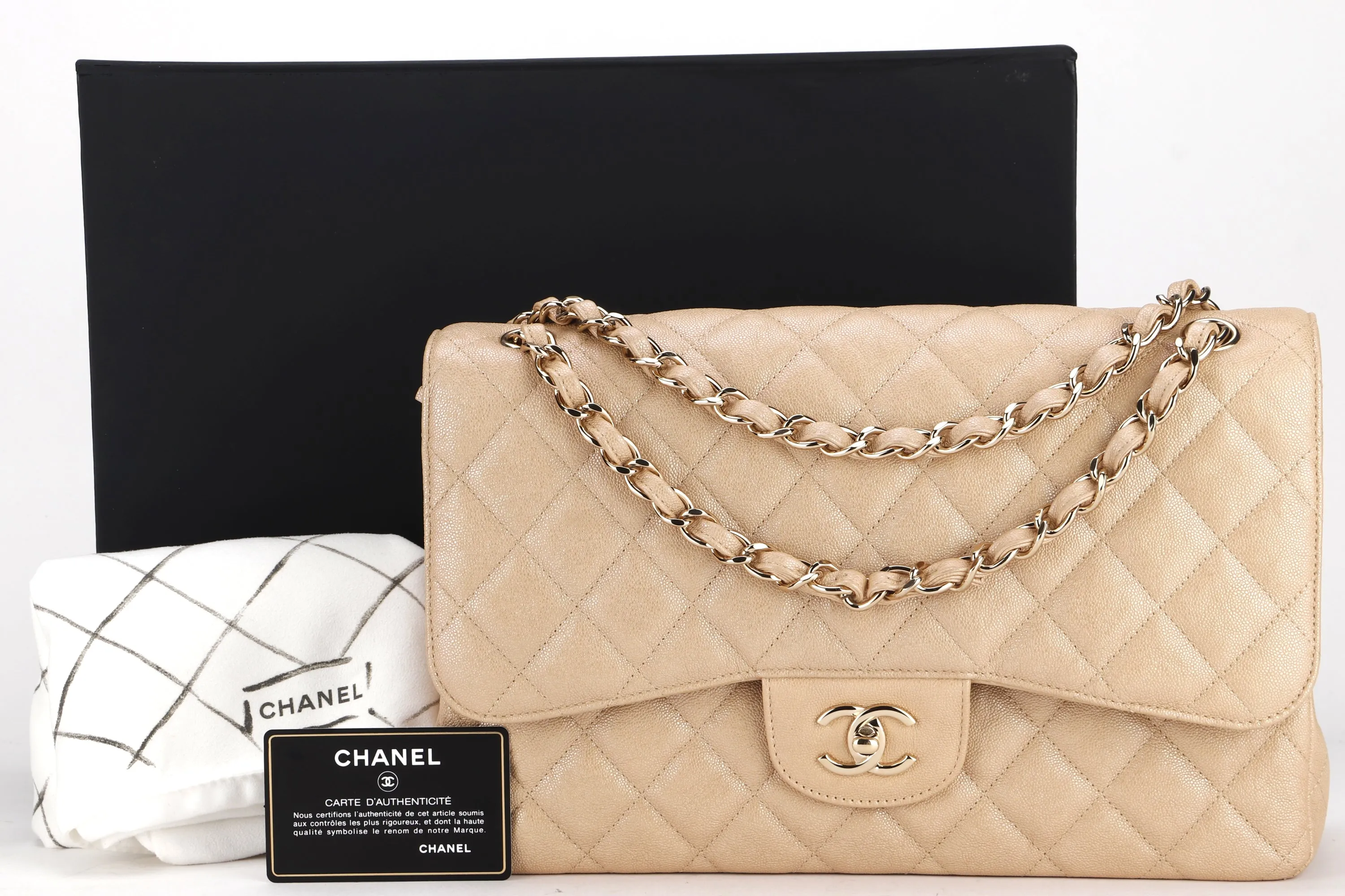 CHANEL CLASSIC FLAP JUMBO (2797xxxx) SHINY BEIGE CAVIAR LEATHER GOLD HARDWARE, WITH CARD, DUST COVER & BOX