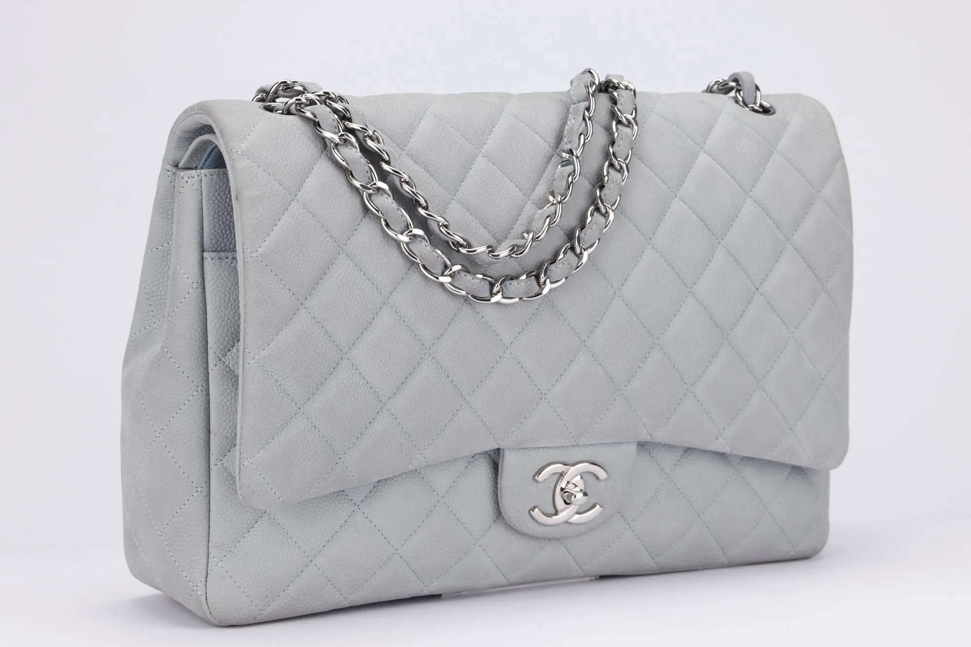 Chanel Classic Flap Maxi (1739xxxx) Grey Caviar Leather, Silver Hardware, with Card, Dust Cover & Box