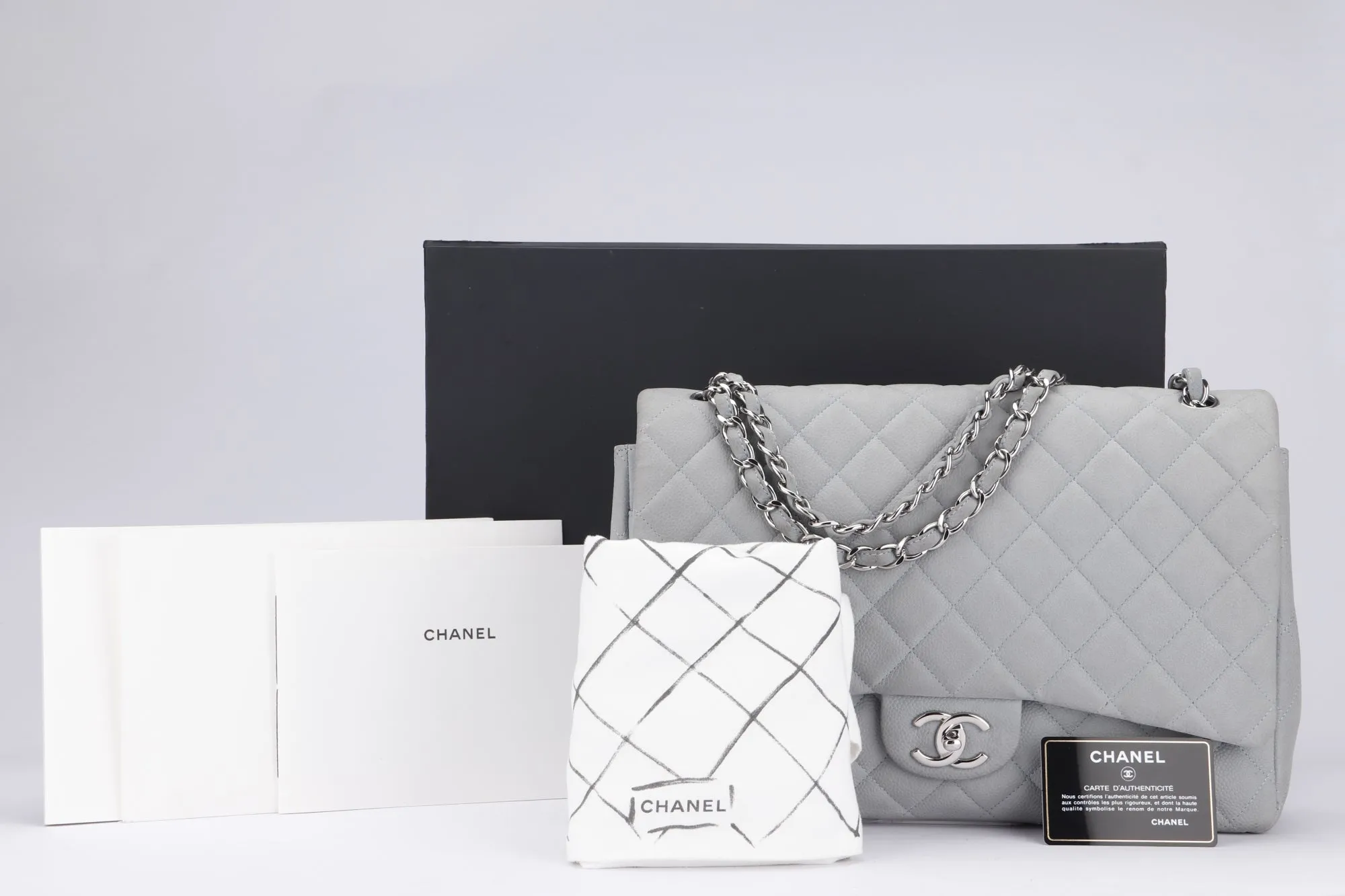 Chanel Classic Flap Maxi (1739xxxx) Grey Caviar Leather, Silver Hardware, with Card, Dust Cover & Box