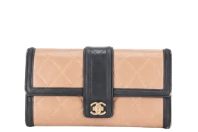 CHANEL FOLD LONG WALLET (2283xxxx) 19.5CM BROWN & BLACK LEATHER GOLD HARDWARE, WITH CARD, NO DUST COVER