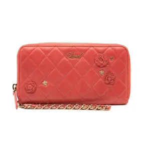 Chanel Lambskin Quilted Camellia Zip Around Wristlet Wallet Pink