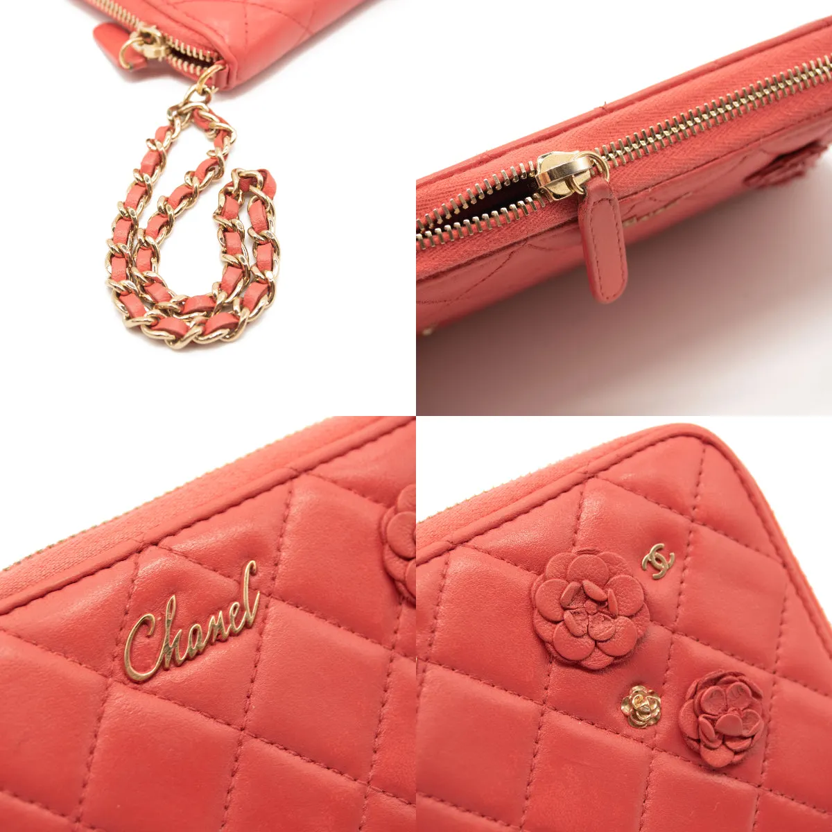 Chanel Lambskin Quilted Camellia Zip Around Wristlet Wallet Pink