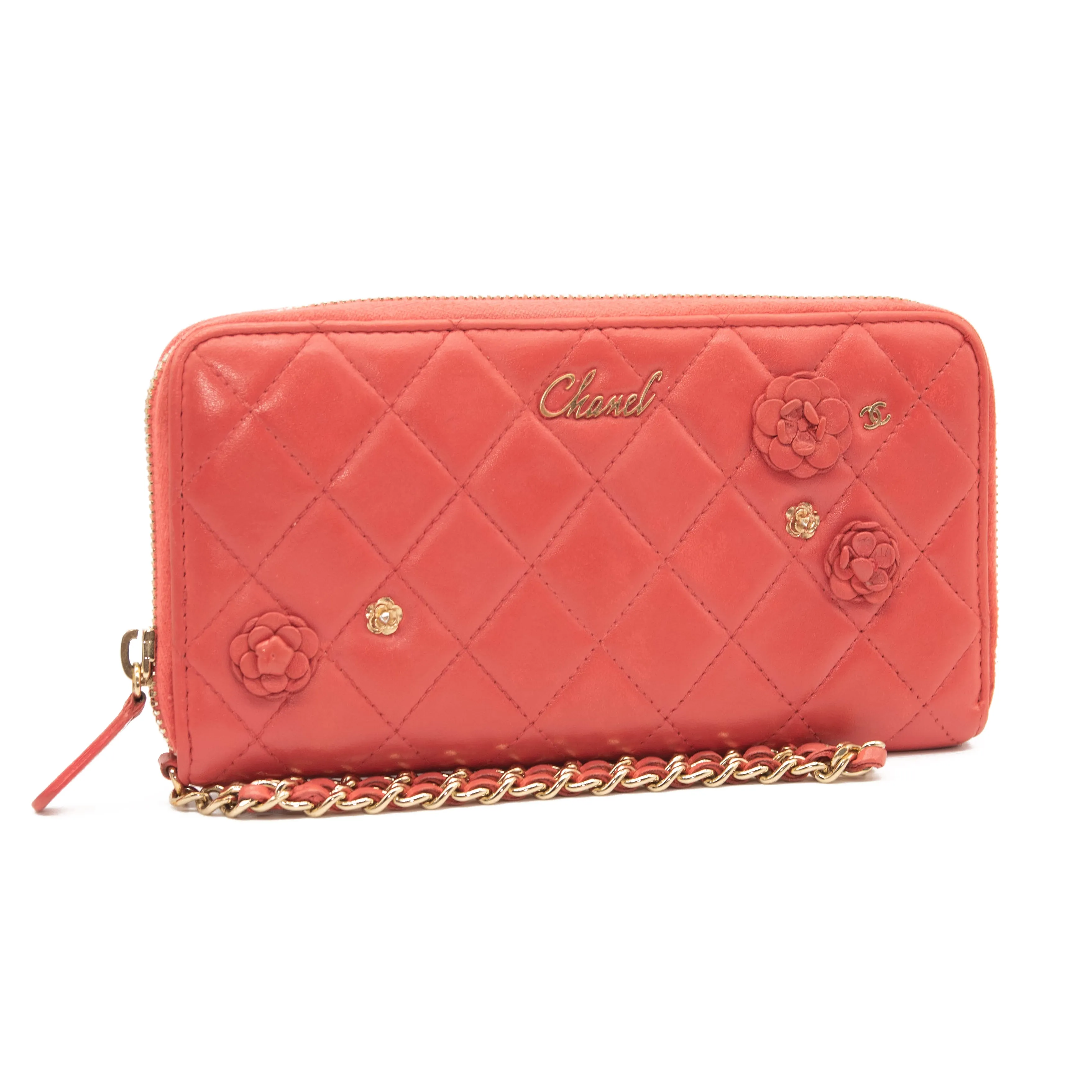 Chanel Lambskin Quilted Camellia Zip Around Wristlet Wallet Pink