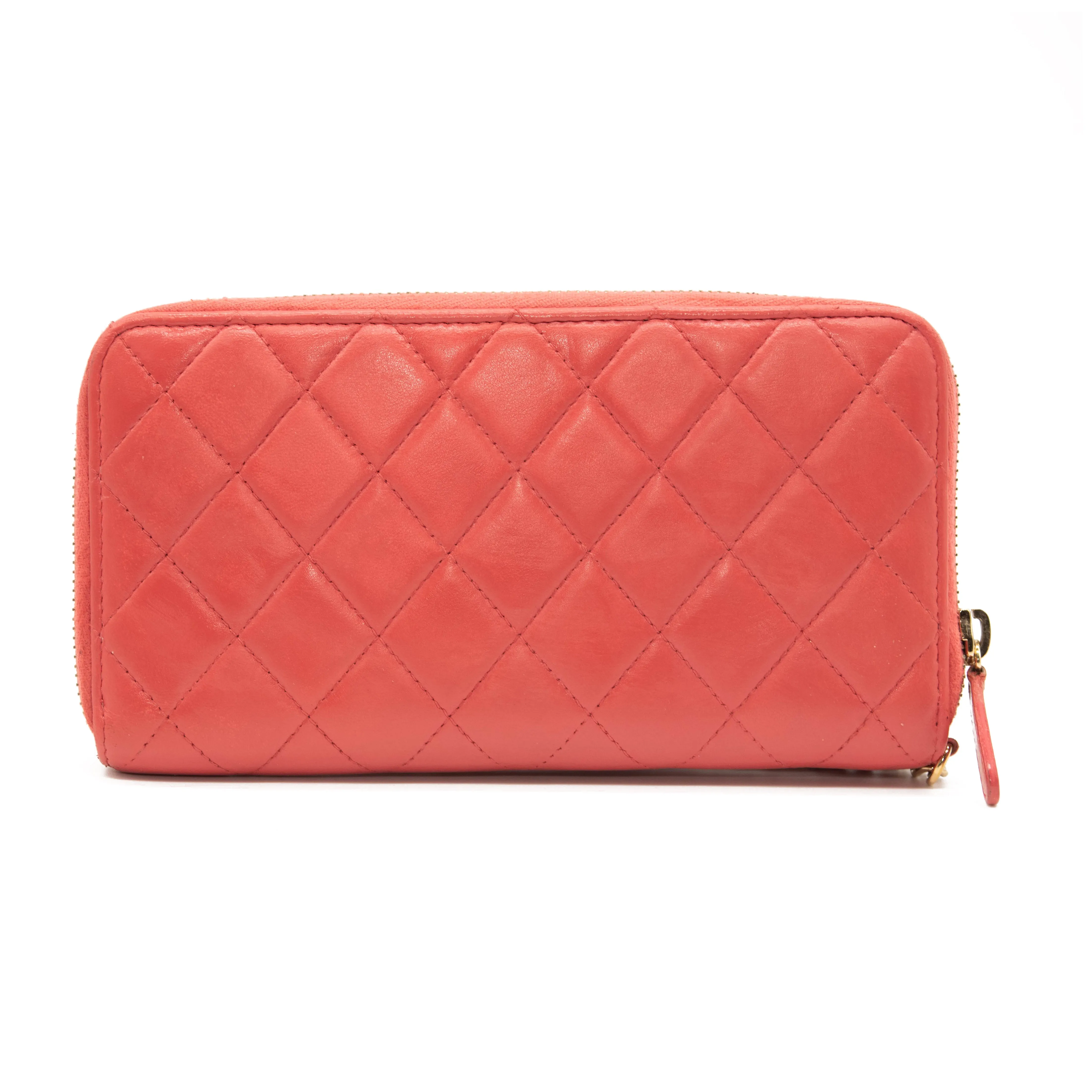 Chanel Lambskin Quilted Camellia Zip Around Wristlet Wallet Pink