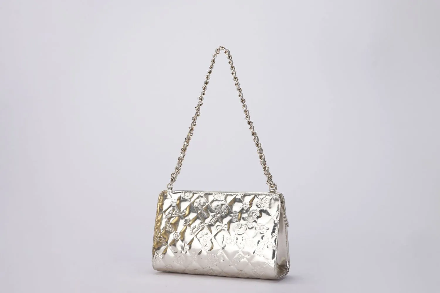 Chanel Metallic Light Gold Multi Charm Embossed Evening Zippy Pouch