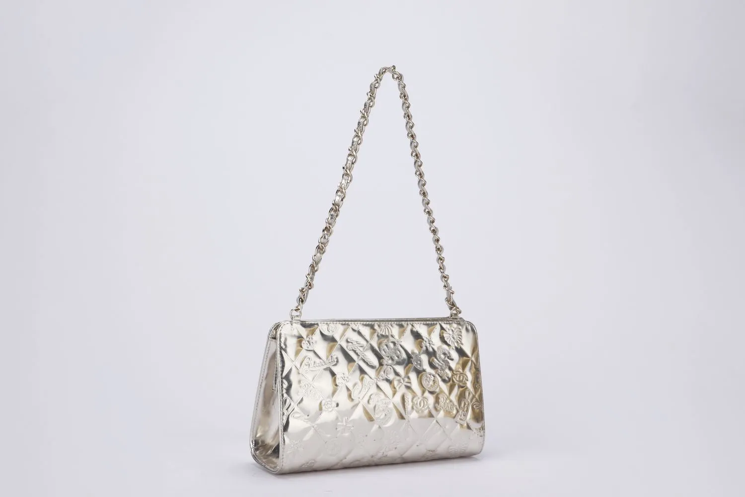 Chanel Metallic Light Gold Multi Charm Embossed Evening Zippy Pouch