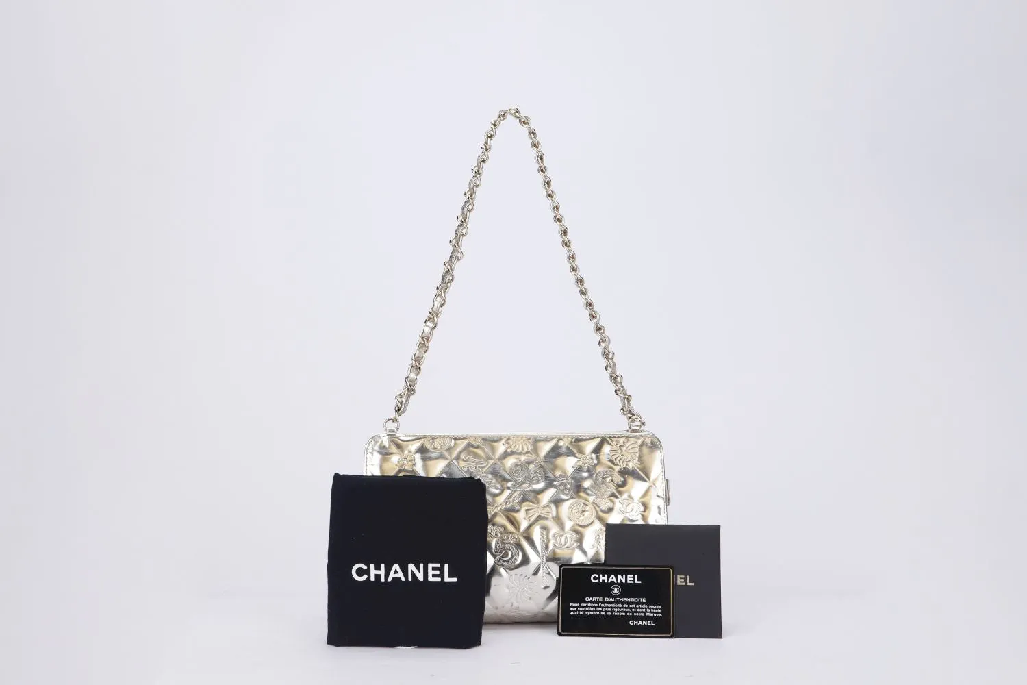 Chanel Metallic Light Gold Multi Charm Embossed Evening Zippy Pouch