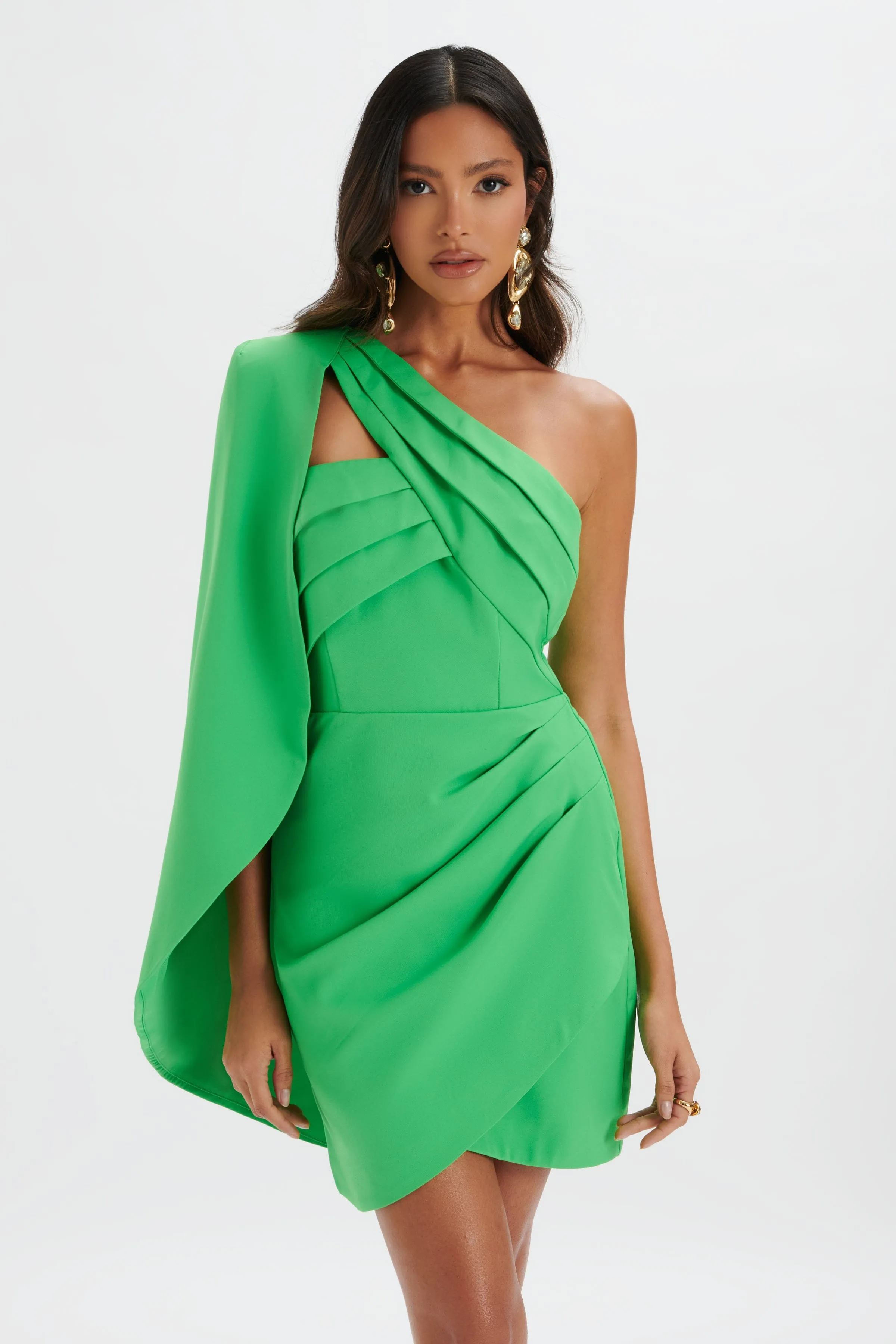 CHARLOTTE Pleated One Shoulder Cape Mini Dress In Green