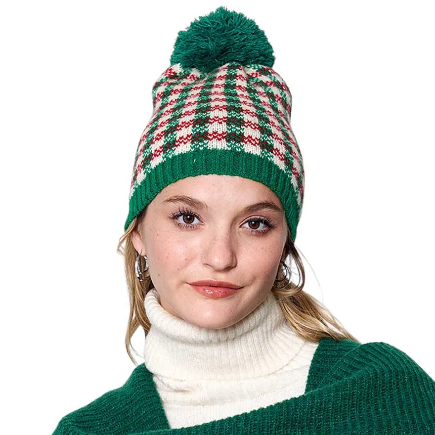 Check Patterned Pom Pom Beanie Hat