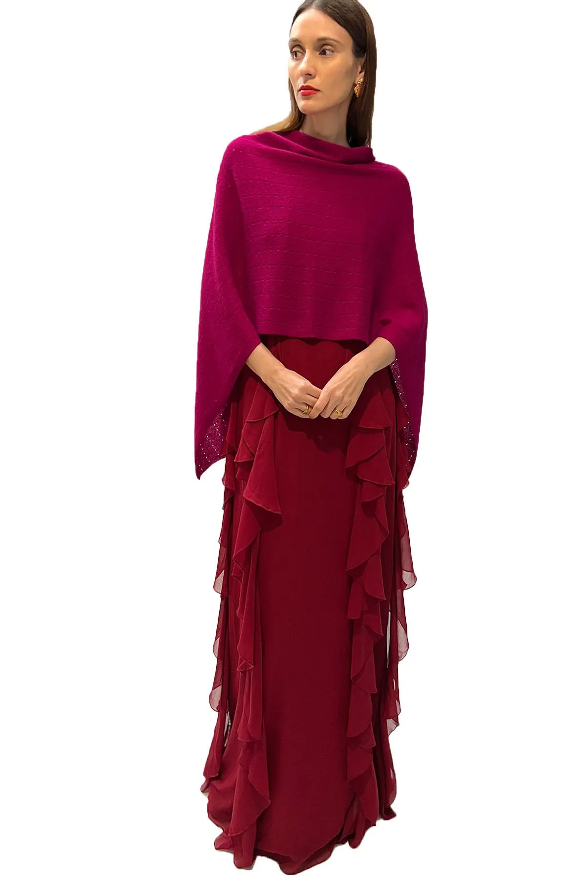 Cherry pink cashmere poncho Multiway