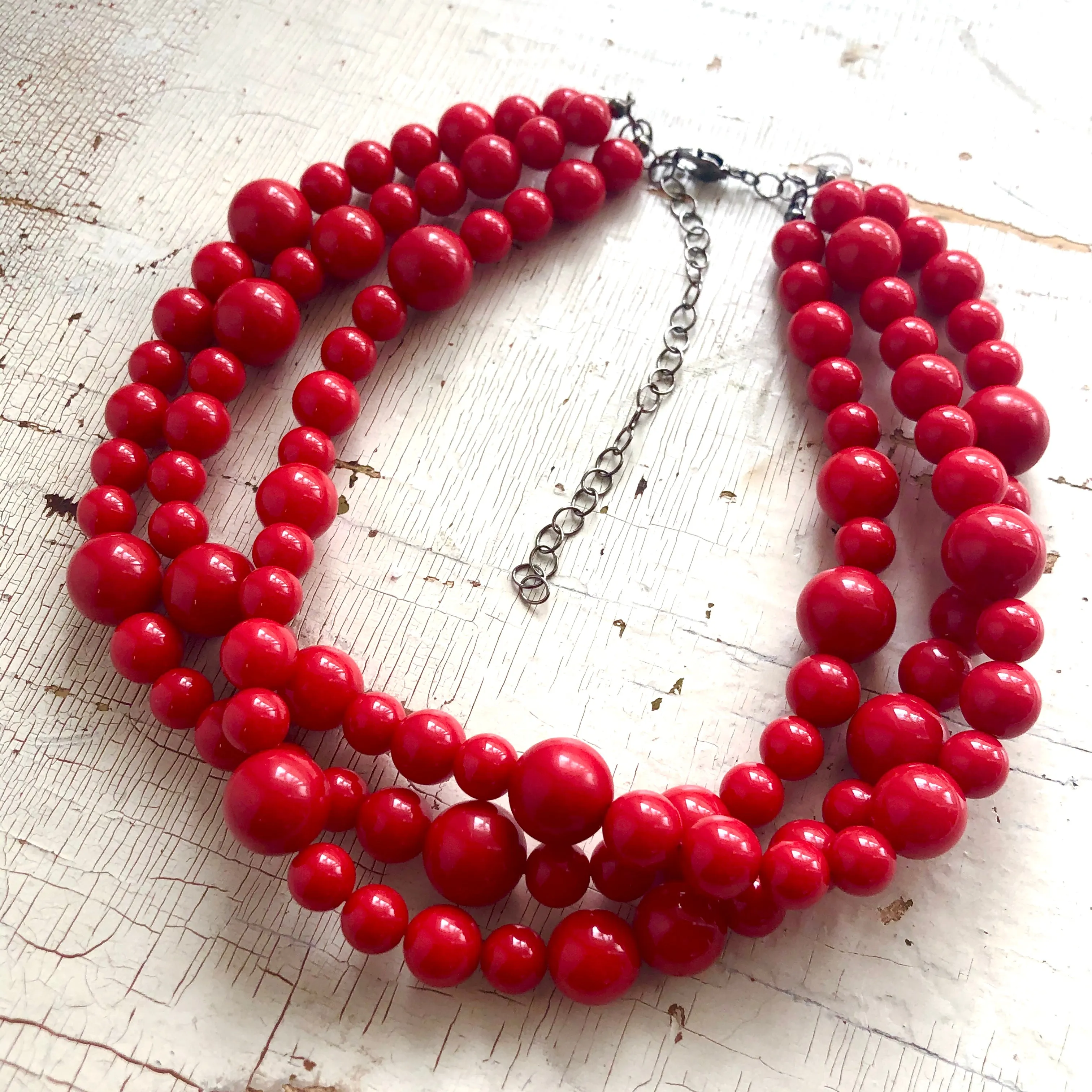 Cherry Red Beaded Multi Strand Morgan Necklace