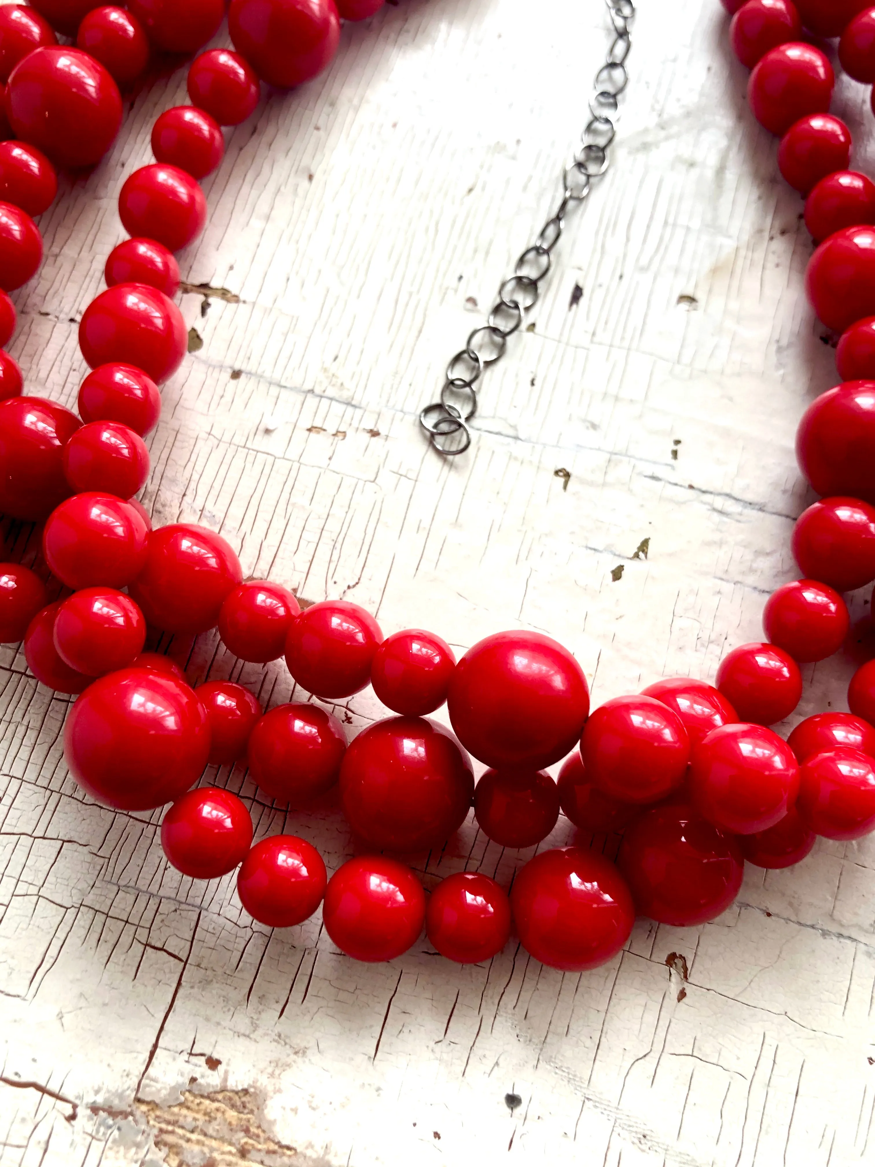 Cherry Red Beaded Multi Strand Morgan Necklace