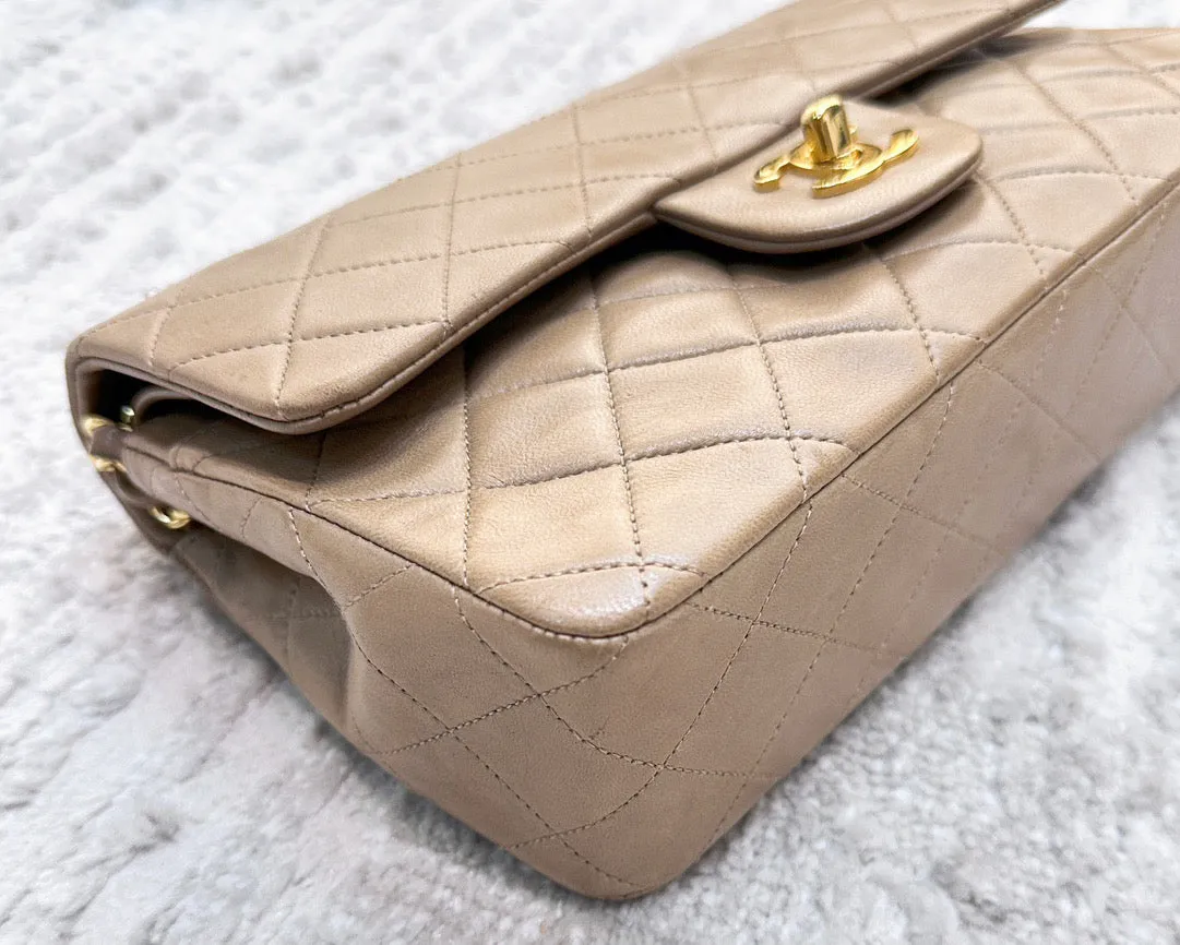 Classic Medium Double Flap in Beige with GHW