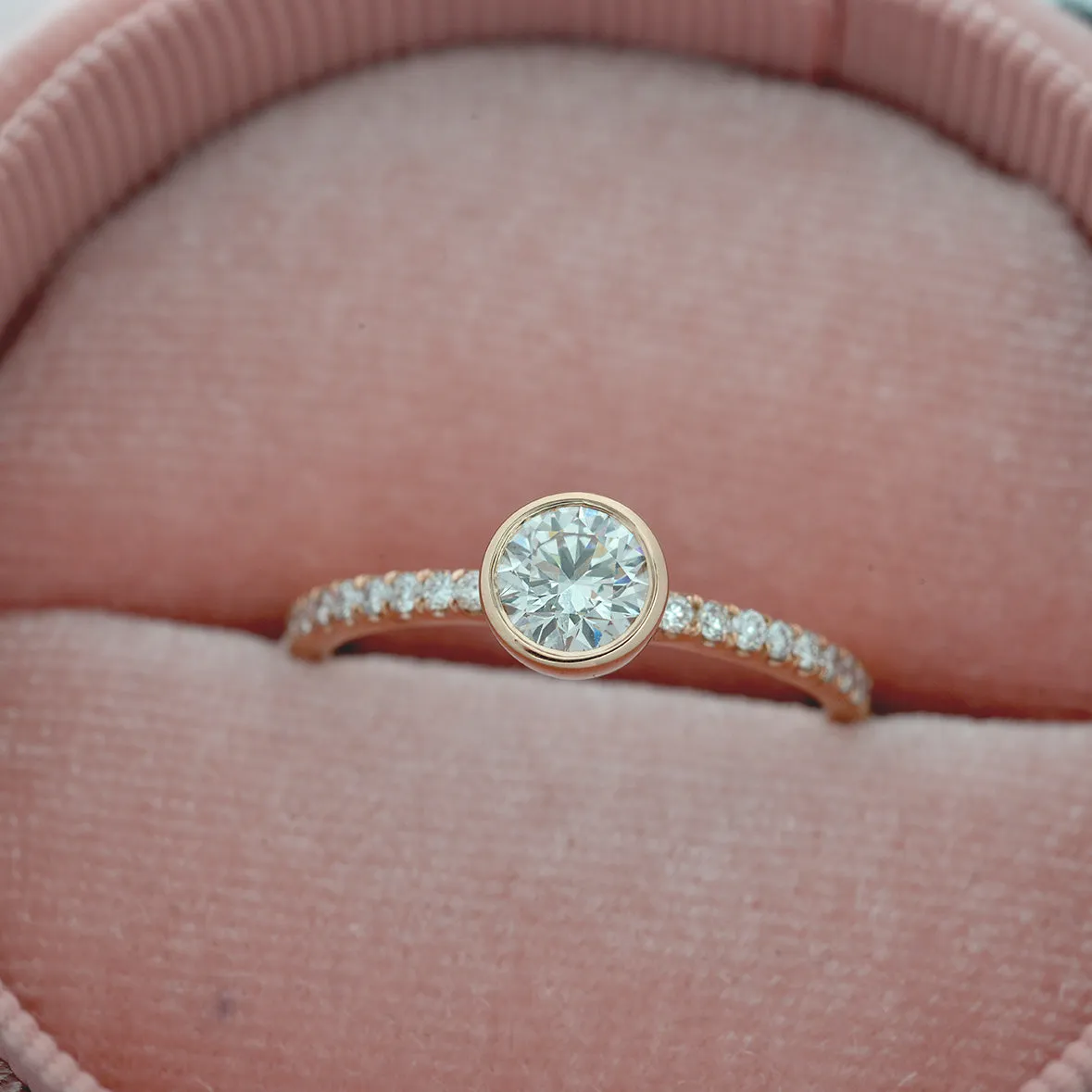 Classic Round Bezel Solitaire Lab Diamond Engagement Ring with Pave