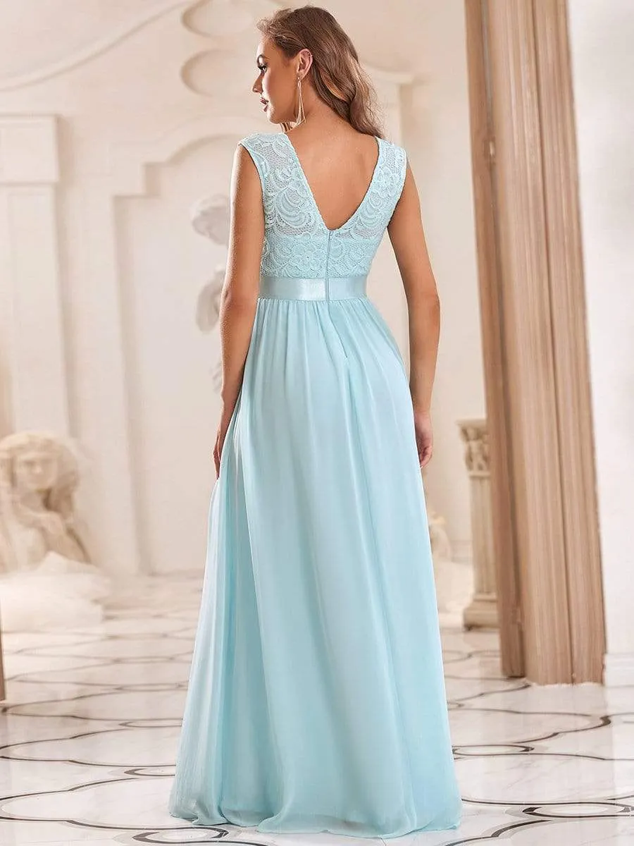 Classic Round Neck V Back Lace Bodice Bridesmaid Dress