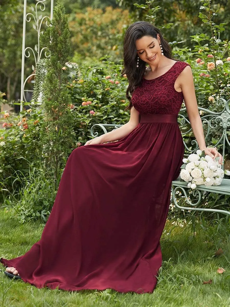 Classic Round Neck V Back Lace Bodice Bridesmaid Dress