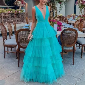 Deep V Neck Tiered Ruffle Tulle Maxi Formal Gown Dress