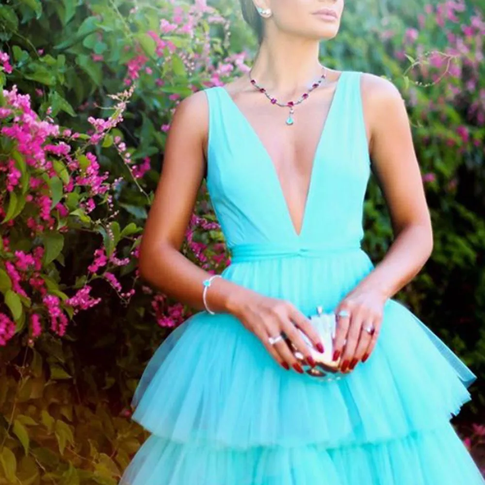 Deep V Neck Tiered Ruffle Tulle Maxi Formal Gown Dress