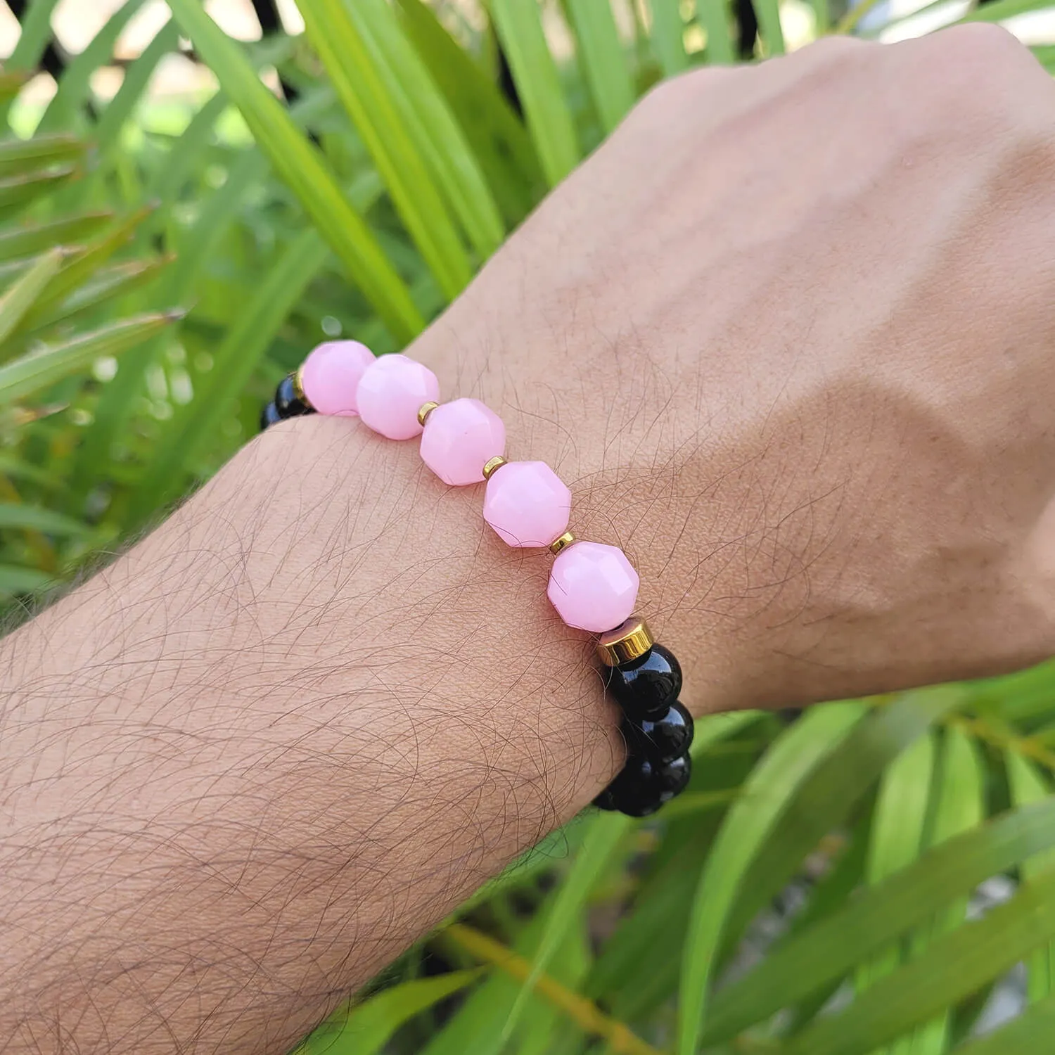 Diamond Cut Rose Quartz With Black Obsidian And Golden Hematite Bracelet