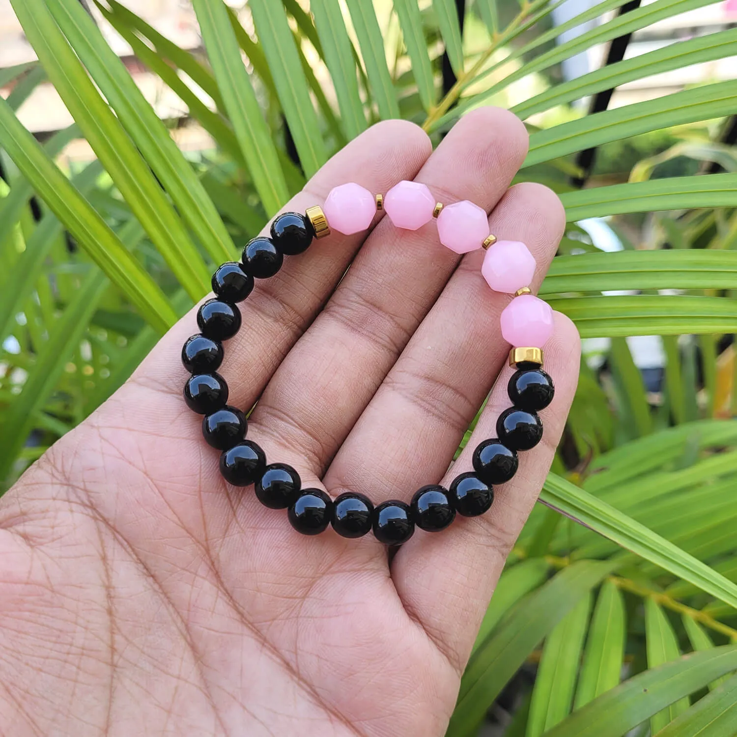 Diamond Cut Rose Quartz With Black Obsidian And Golden Hematite Bracelet