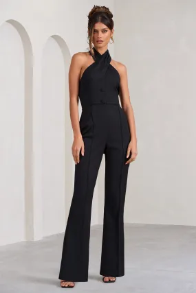 Don't Cross Me | Black Halter Neck Tailored Buttoned Sleeveless Jumpsuit