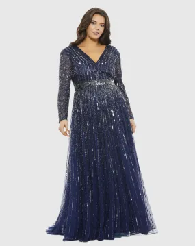 Embellished Illusion Long Sleeve V Neck A Line Gown (Plus)