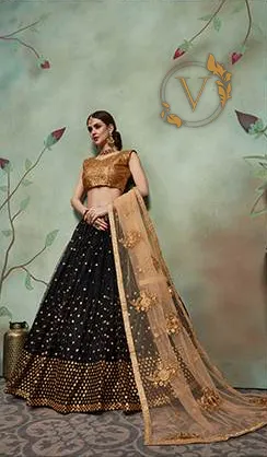 Embellished Net Lehenga in Black