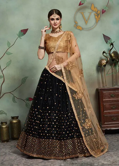 Embellished Net Lehenga in Black