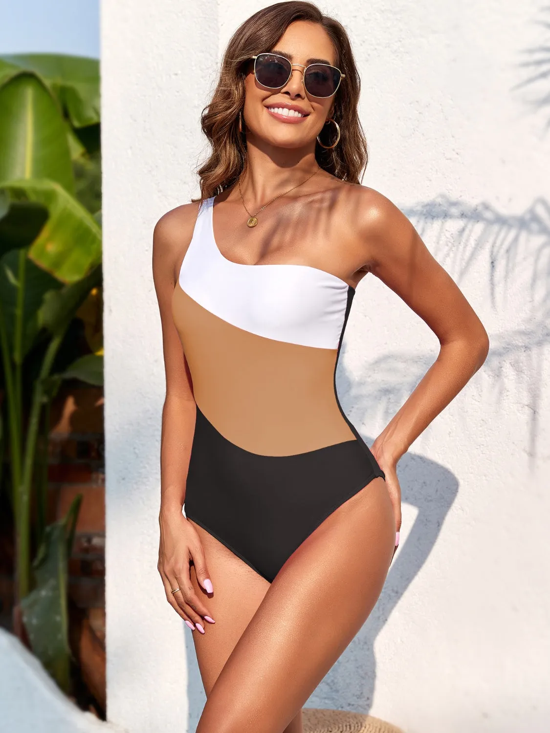 Explore More Collection - Color Block One Shoulder One-Piece Swimwear