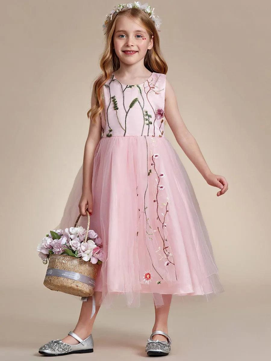 Floral Embroidered Sleeveless Flower Girl Dress with Tulle Cover