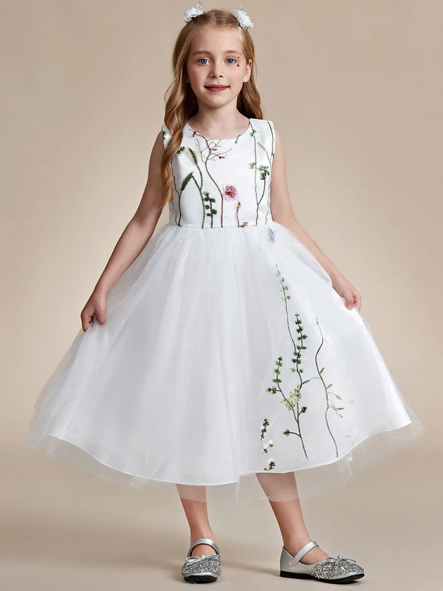 Floral Embroidered Sleeveless Flower Girl Dress with Tulle Cover