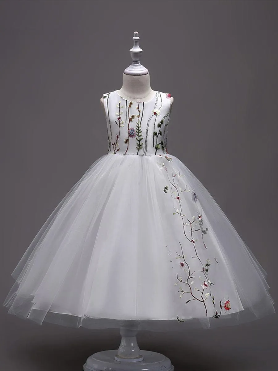 Floral Embroidered Sleeveless Flower Girl Dress with Tulle Cover