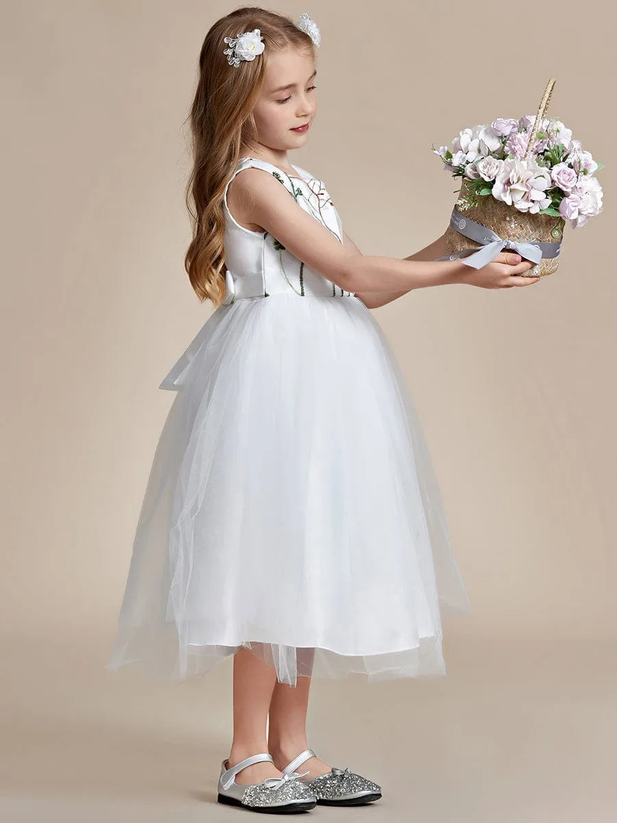 Floral Embroidered Sleeveless Flower Girl Dress with Tulle Cover