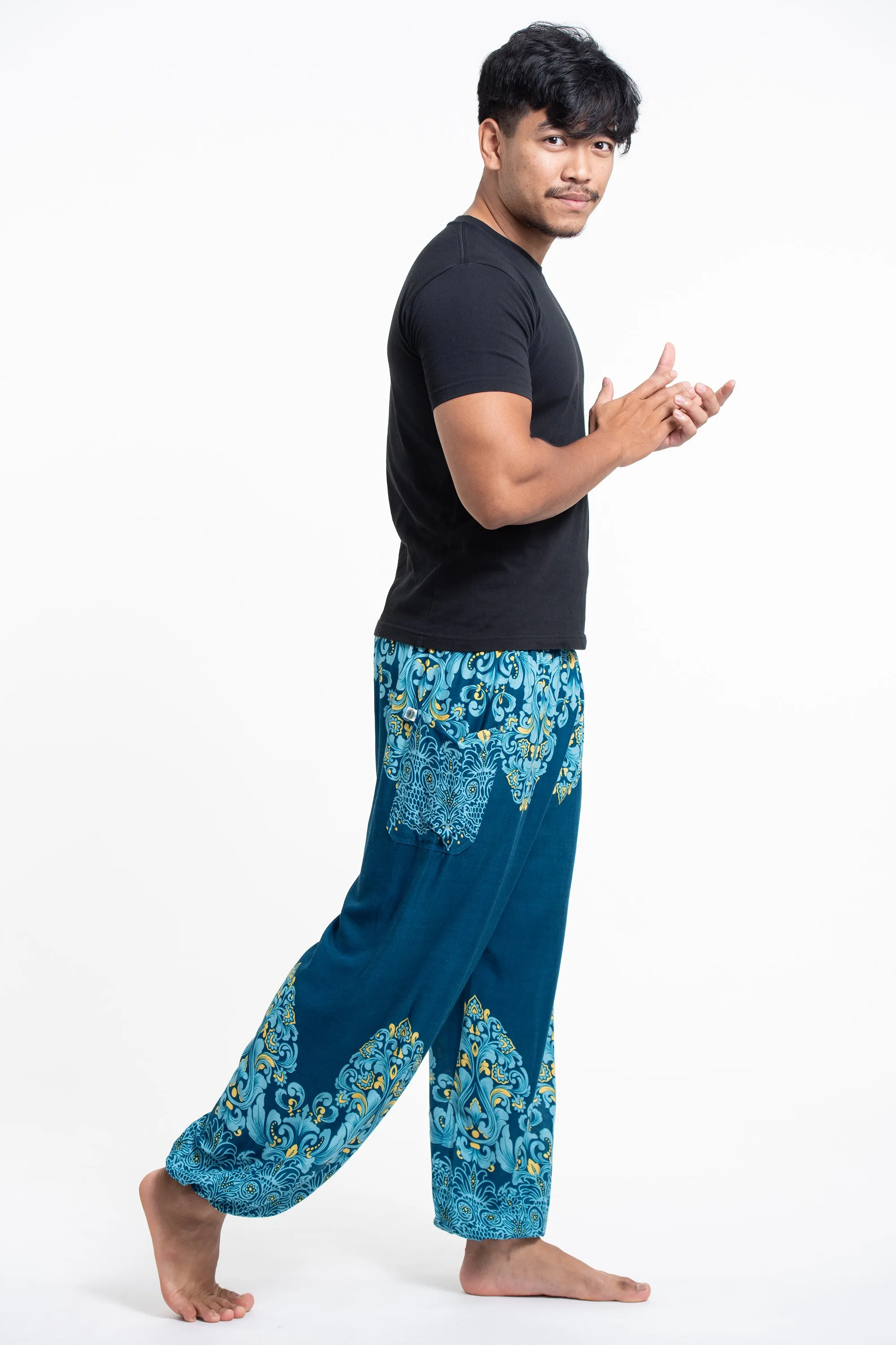 Floral Vines Men's Harem Pants in Turquoise