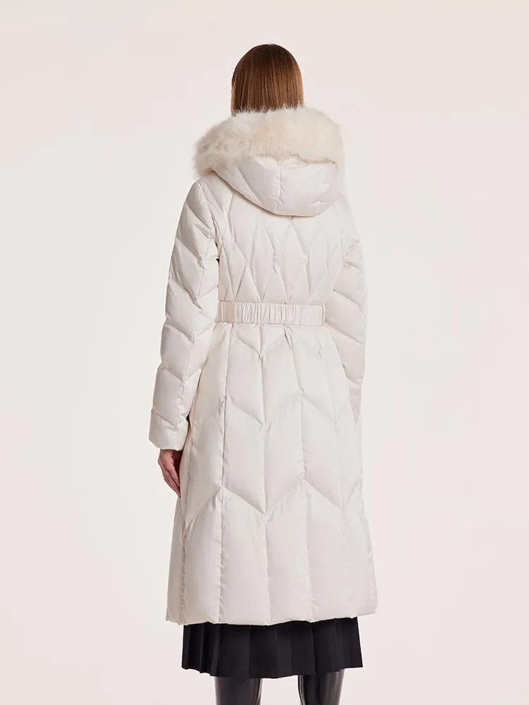 Gathered Waist Long Goose Down Garment With Faux-Fur Collar