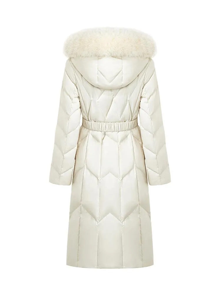 Gathered Waist Long Goose Down Garment With Faux-Fur Collar