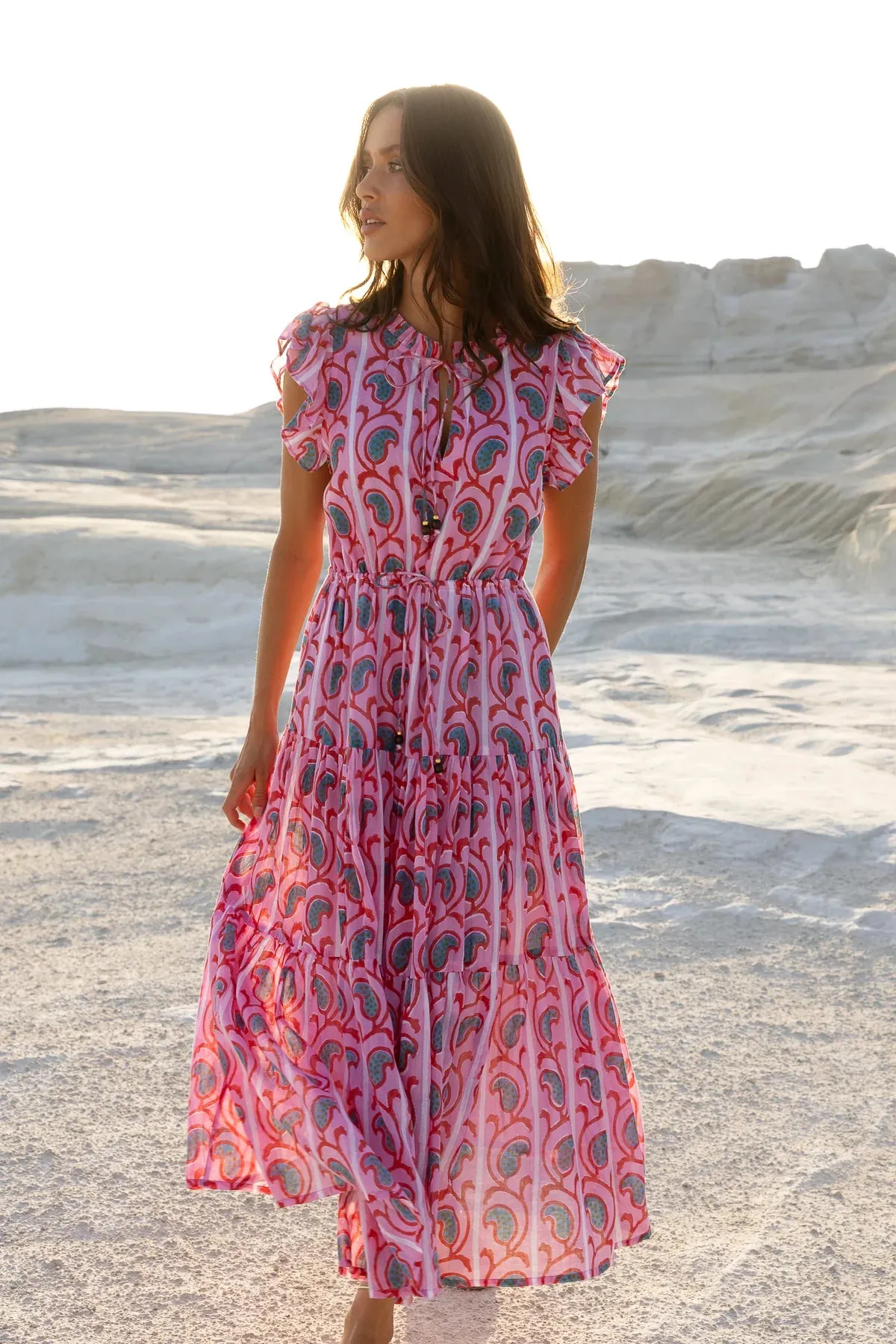 Goa Pink Cinched Flirty Midi Dress