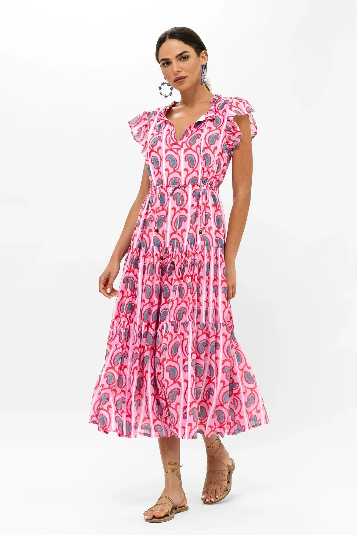 Goa Pink Cinched Flirty Midi Dress