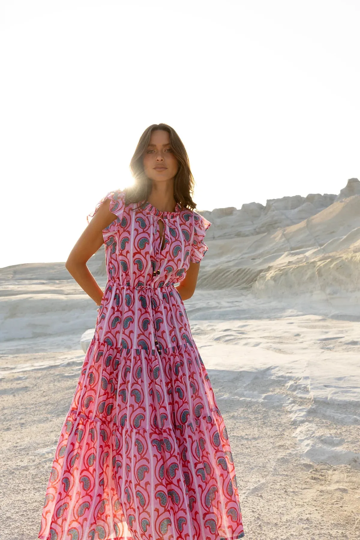 Goa Pink Cinched Flirty Midi Dress