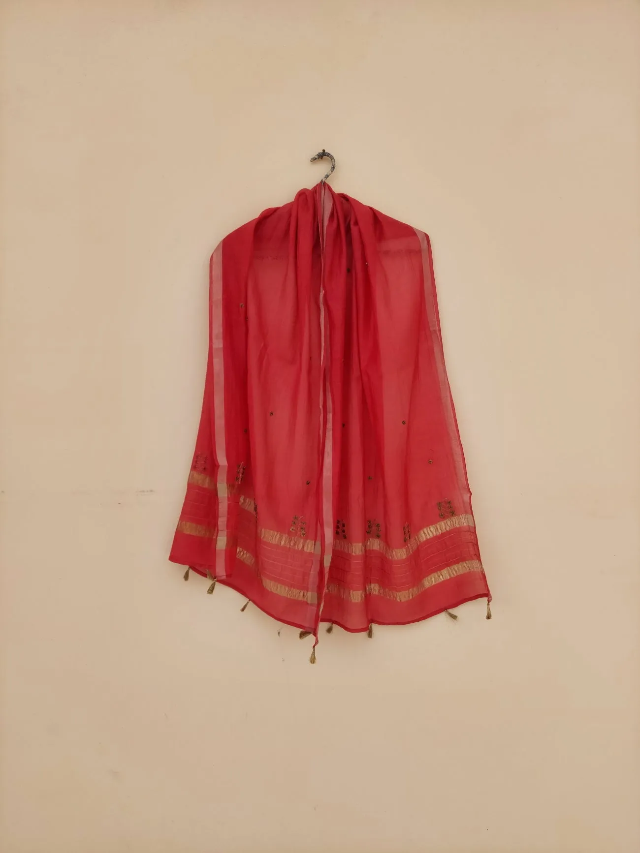 Handwoven Chanderi Zardozi Stole Sinduri Red