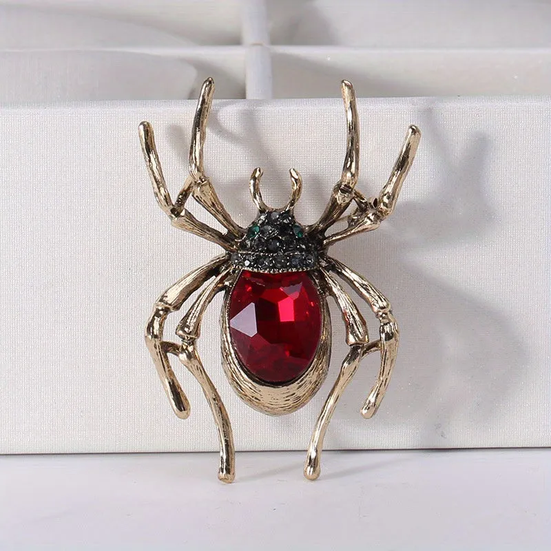 Inlaid Red Faux Gems Spider Shape Zinc Alloy Brooch Pin Simple Style Animal Theme Brooch For Women Girls LJH25